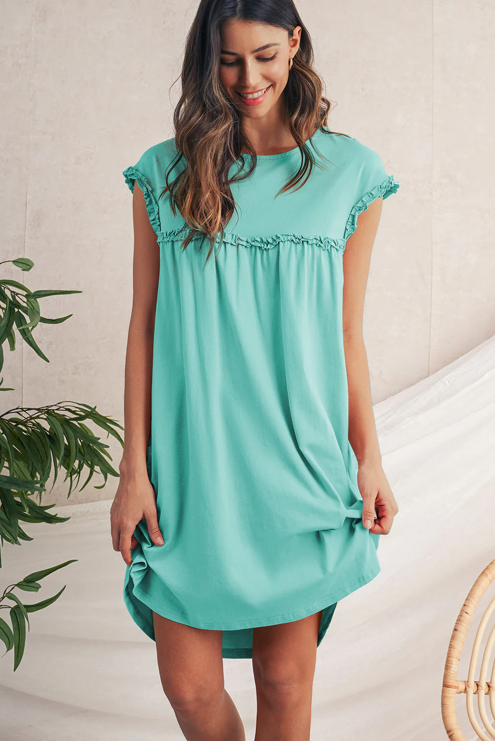 Mint Green Frilled Trim Crewneck Loose Fit Mini Dress - Image 5