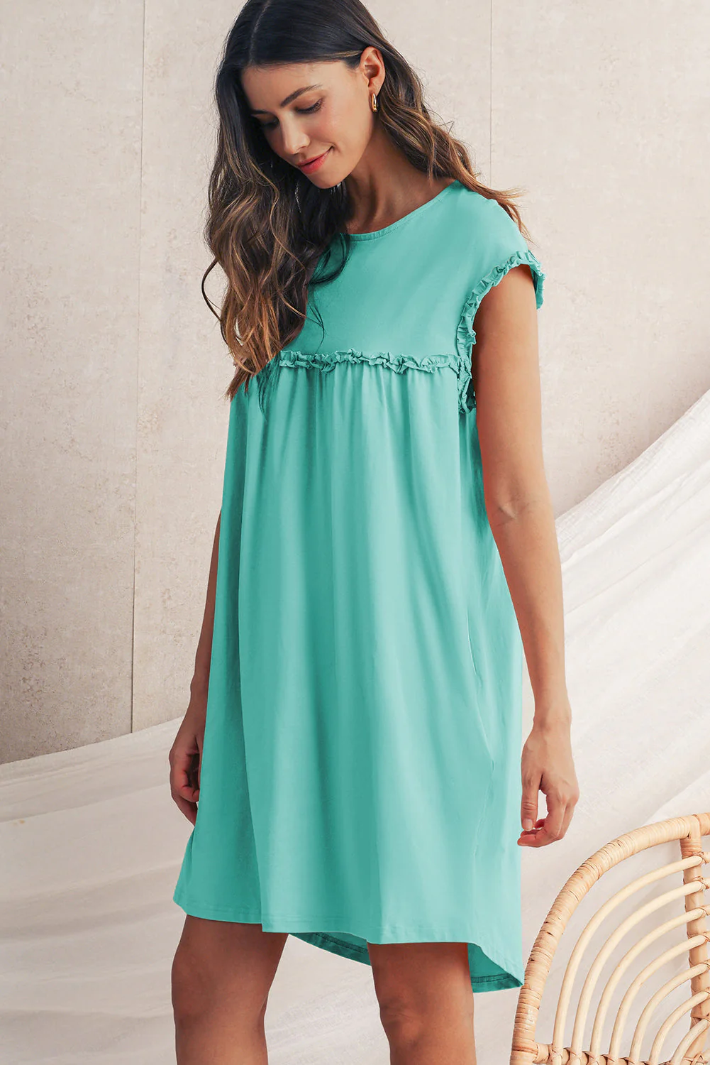 Mint Green Frilled Trim Crewneck Loose Fit Mini Dress - Image 6