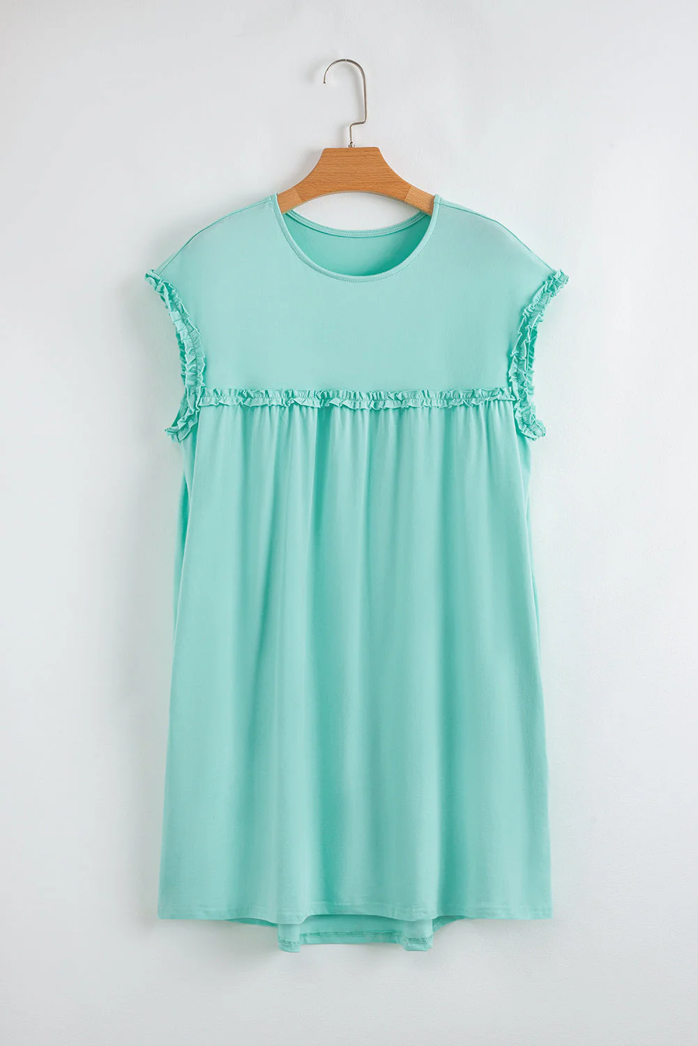 Mint Green Frilled Trim Crewneck Loose Fit Mini Dress - Image 7