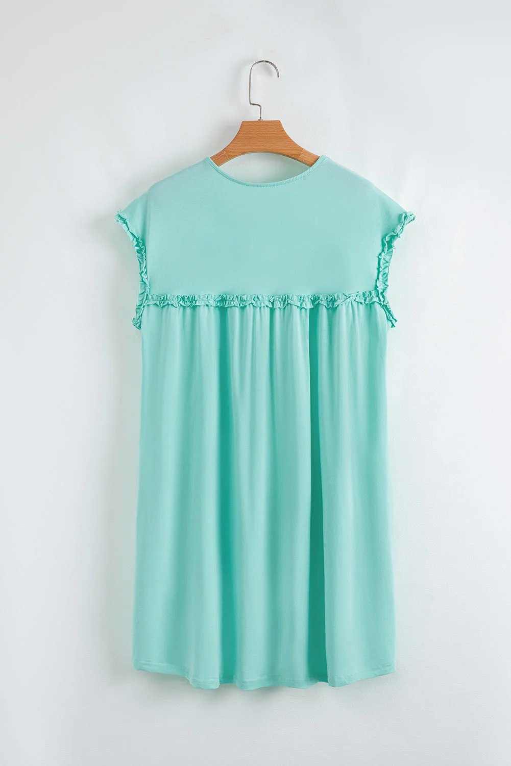 Mint Green Frilled Trim Crewneck Loose Fit Mini Dress - Image 8