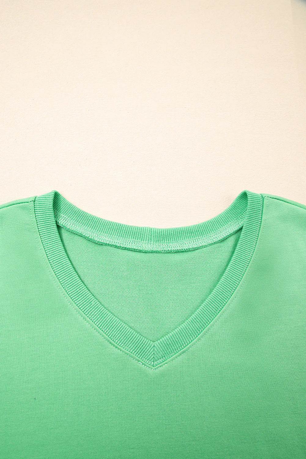 Mint Green V Neck Drop Shoulder Tee and Patchwork Drawstring Shorts Set - Image 11