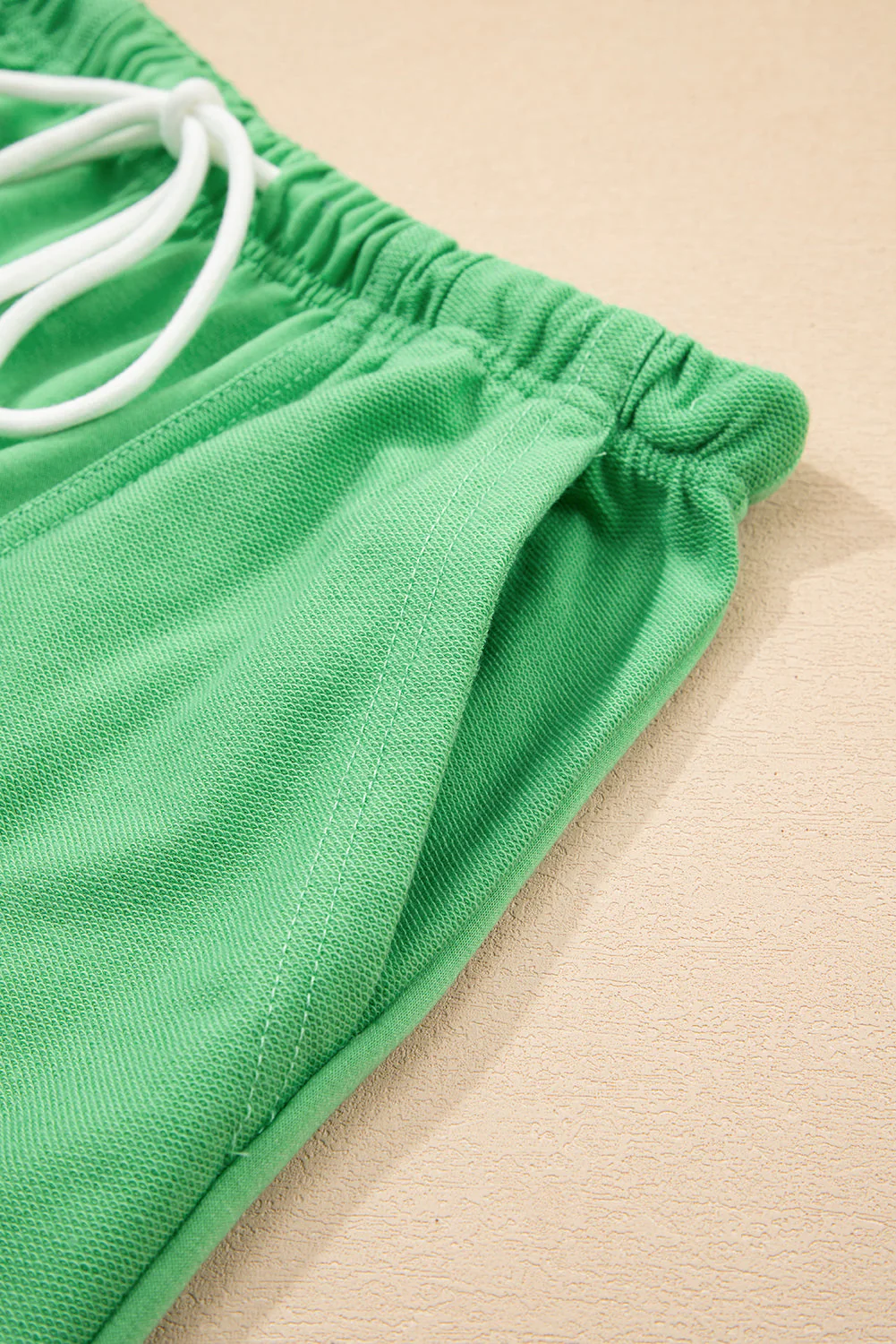 Mint Green V Neck Drop Shoulder Tee and Patchwork Drawstring Shorts Set - Image 14