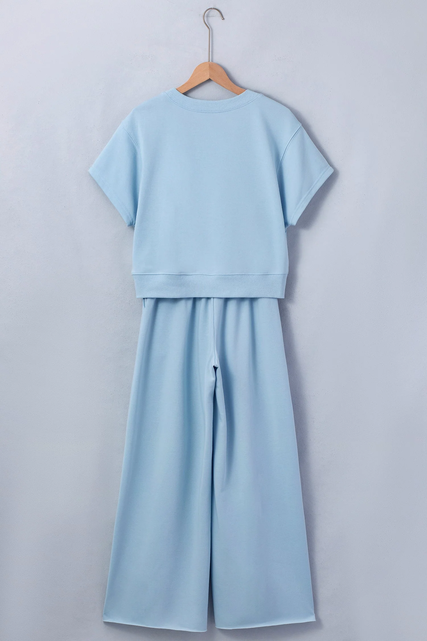 Mist Blue Solid Color Loose Tee Drawstring Wide Leg Pants 2pcs Outfit - Image 3