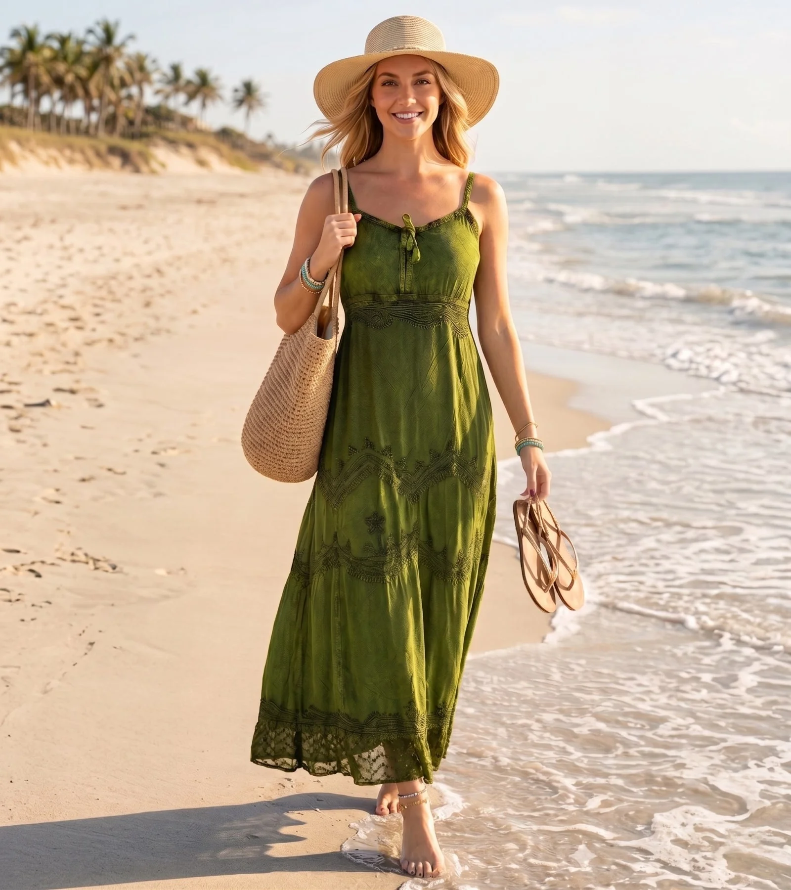 MKY Amy Stonewashed Rayon Embroidered Adjustable Spaghetti Straps Long Dress - Image 12