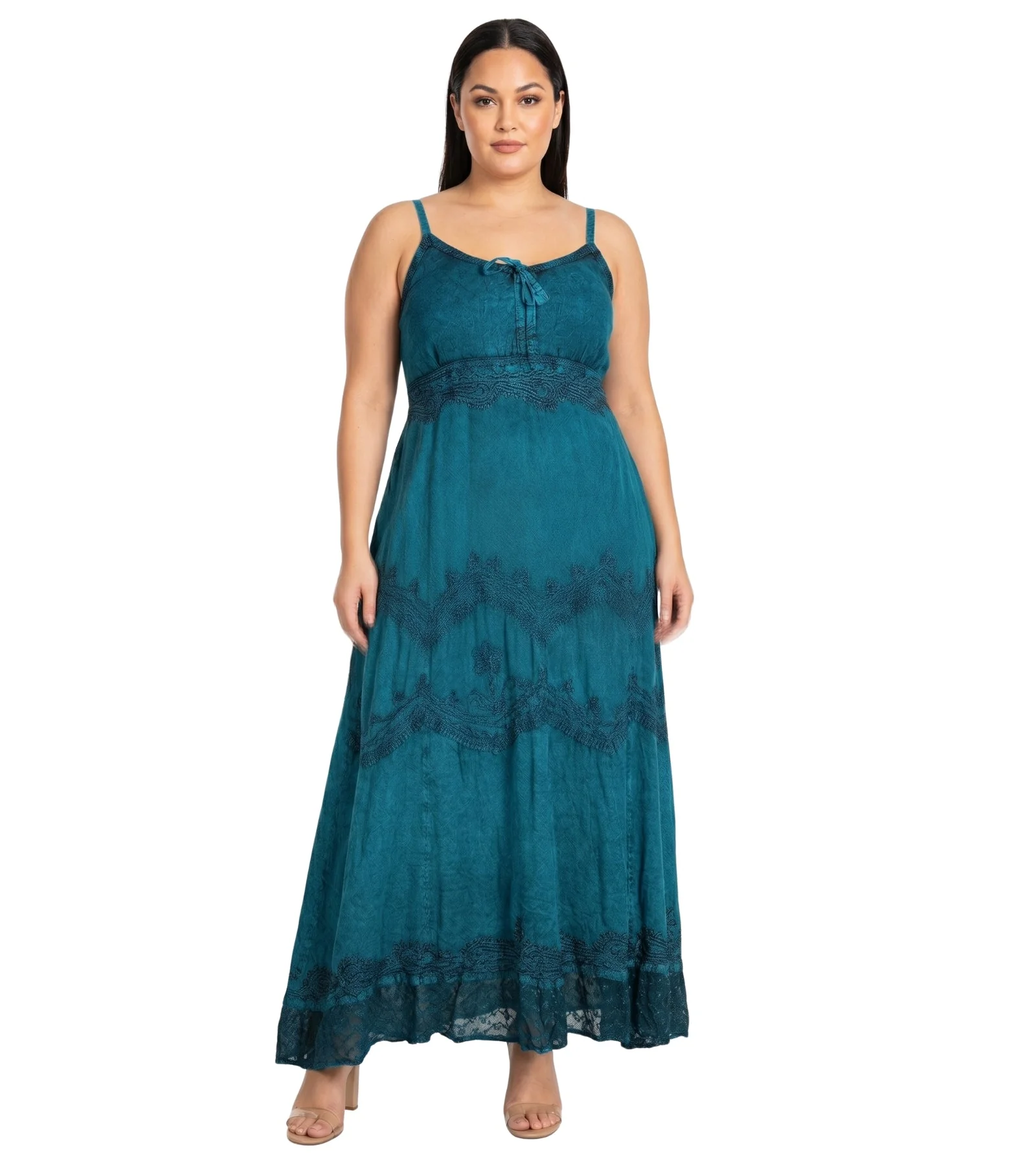 MKY Amy Stonewashed Rayon Embroidered Adjustable Spaghetti Straps Long Dress - Image 27