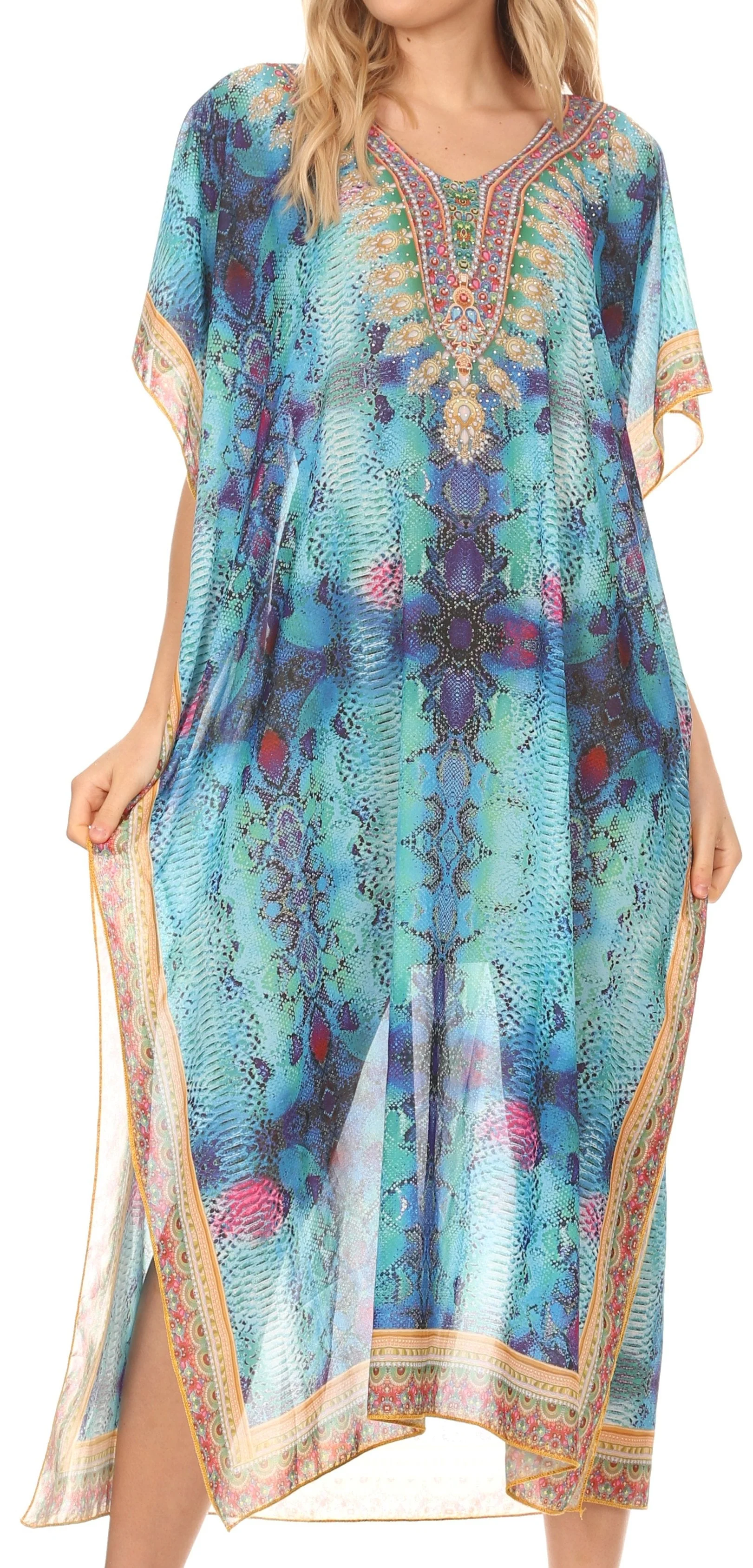 MKY Astryd Women's Flowy Maxi Long Caftan Dress Cover Up with Rhinestone - Image 11