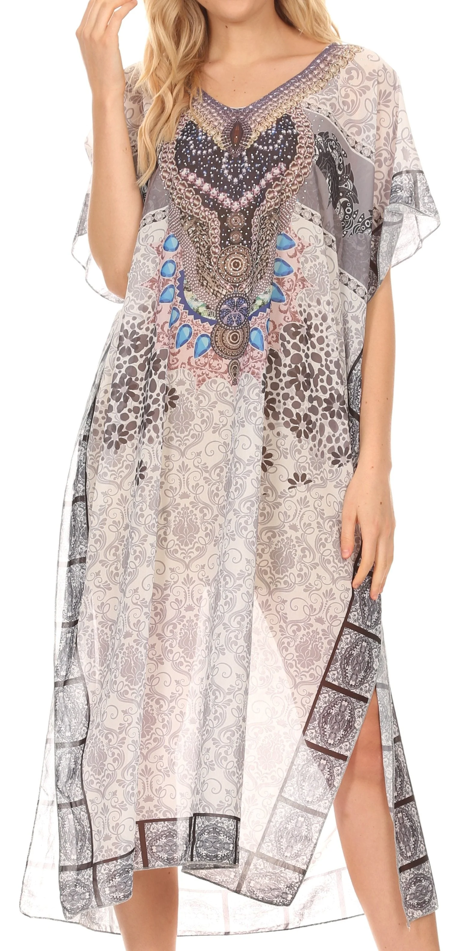 MKY Astryd Women's Flowy Maxi Long Caftan Dress Cover Up with Rhinestone - Image 36
