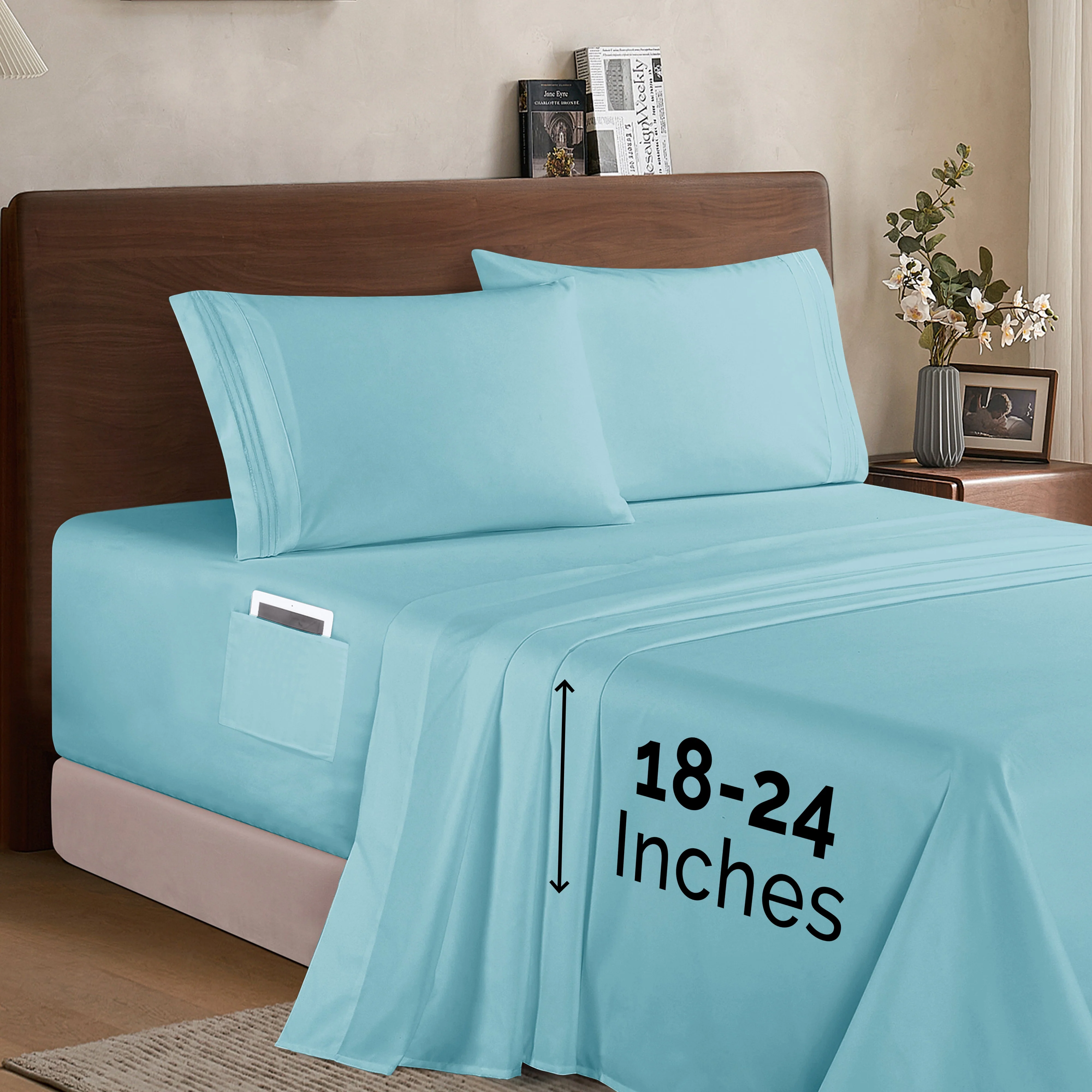 Mocassi Extra deep 18-24 Inch Pocket 3 Line Embroidery, 4-Piece Sheet Set, Bright Shades - Image 3