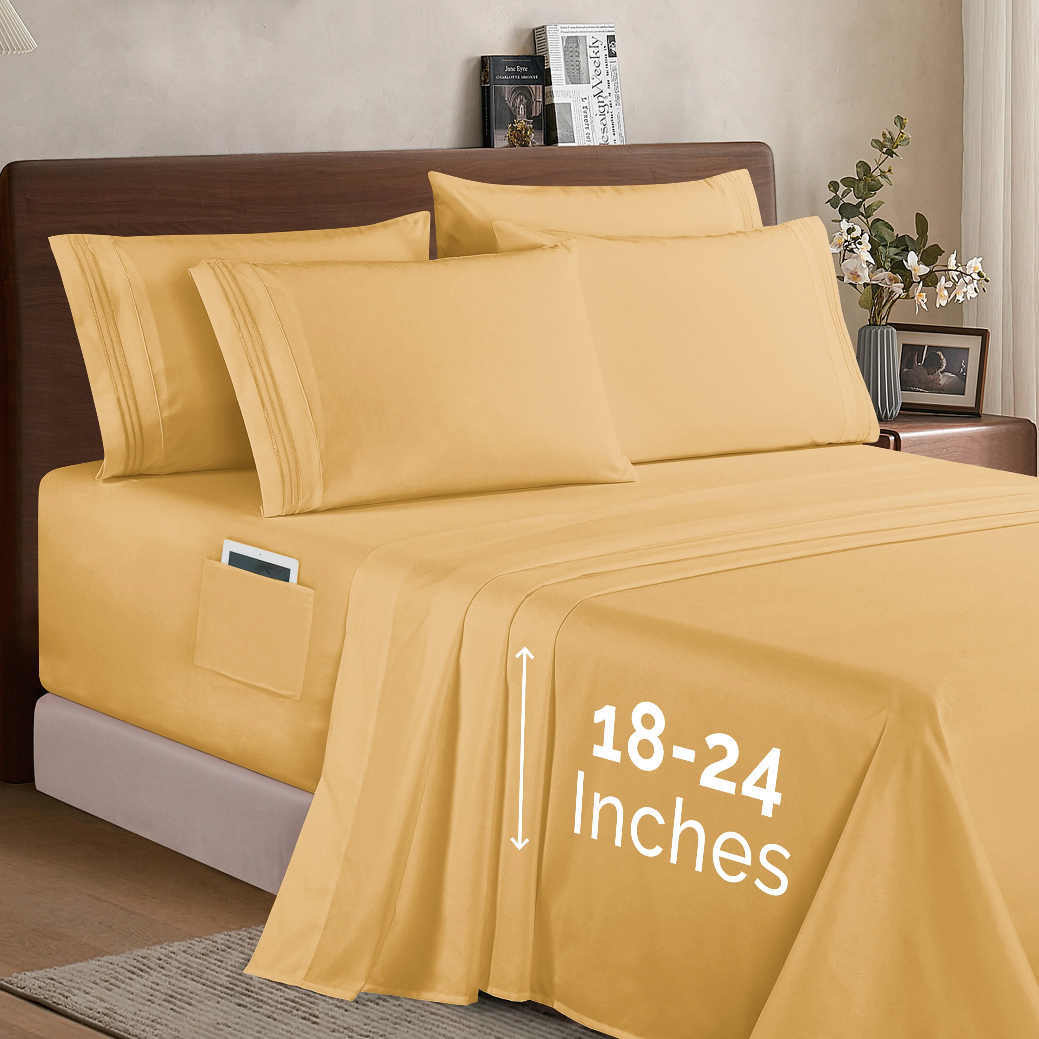 Mocassi Extra deep 18-24 Inch Pocket 3 Line Embroidery, 6-Piece Sheet Set, Bright Shades - Image 6
