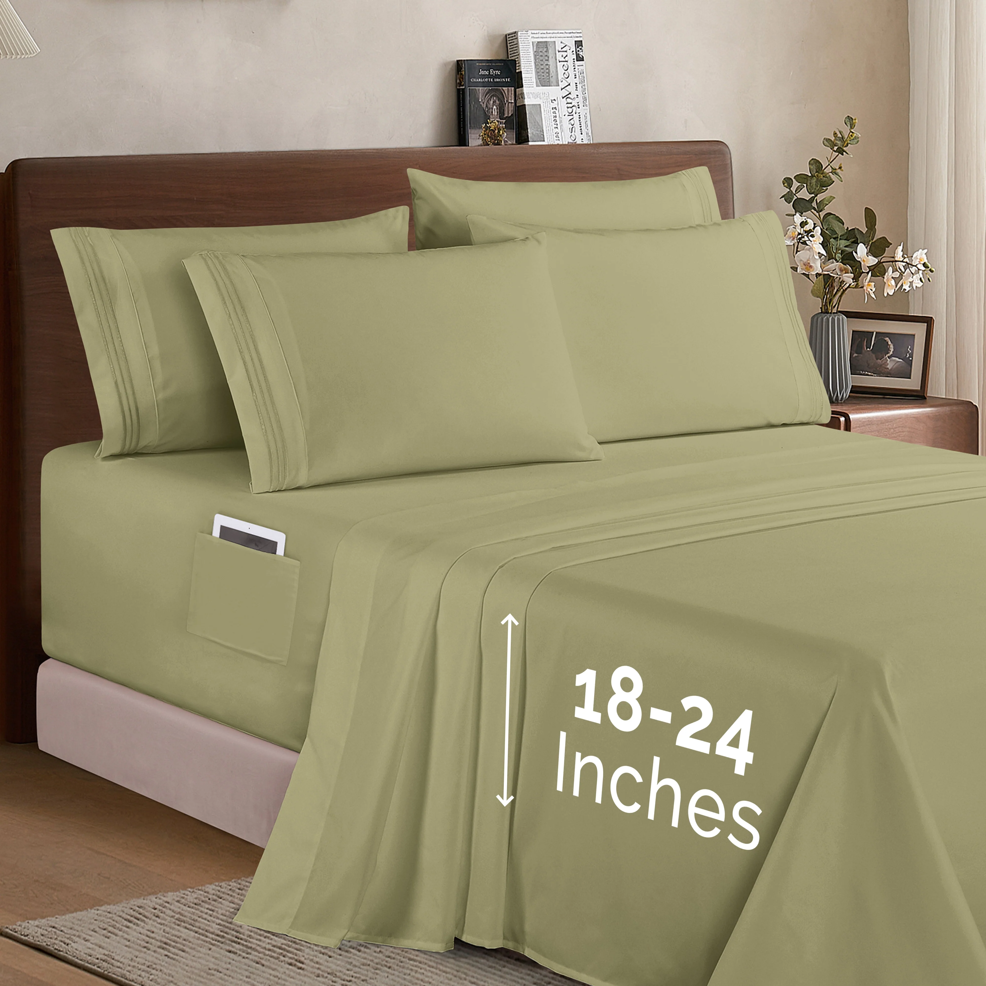 Mocassi Extra deep 18-24 Inch Pocket 3 Line Embroidery, 6-Piece Sheet Set, Moody Shades - Image 10