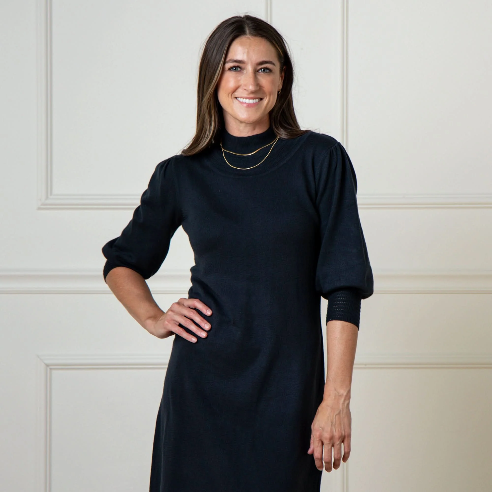 Mock Neck Puff Sleeve Sweater Dress - Image 3