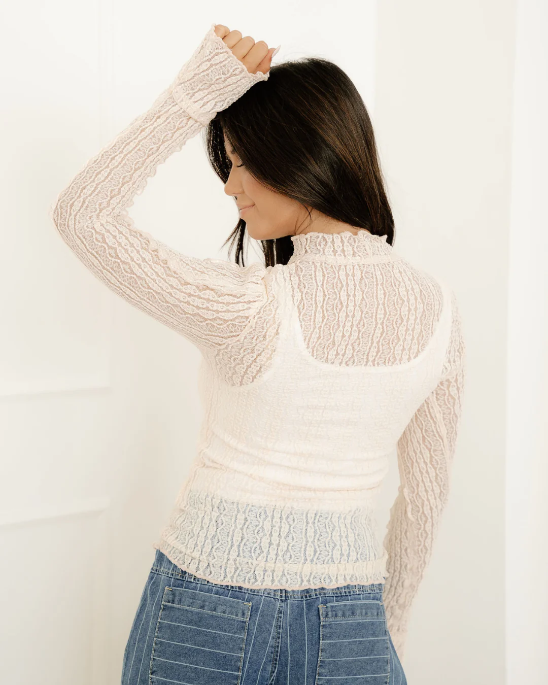 Molly Long Sleeve Mock Neck Sheer Lace Top - Apricot - Image 7
