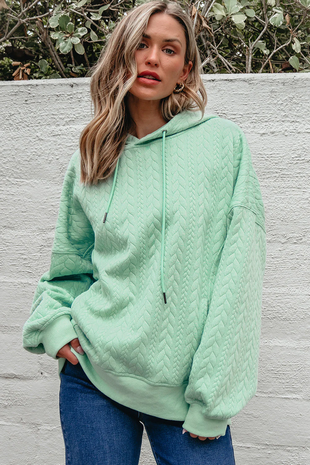 Moonlight Jade Cable Textured Baggy Solid Hoodie - Image 4
