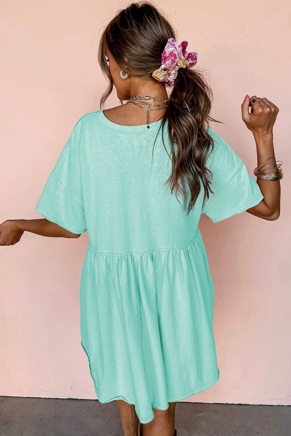 Moonlight Jade Solid Color Pocketed Raw Edge Babydoll Dress - Image 2