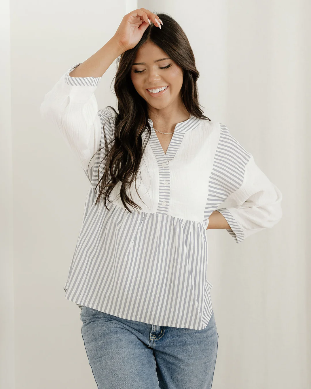 Morgan Half Button Gauze Patchwork Bracelet Sleeve Babydoll Blouse - Image 2