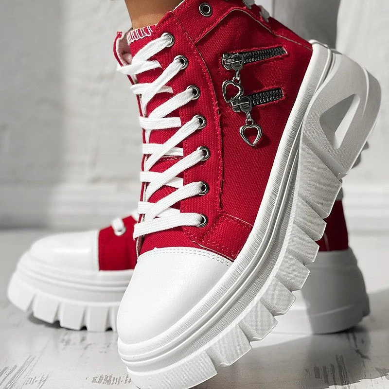 Muffin Heel Side-Zipper & Dual Lace-Up Casual Sneakers for Women - Image 4