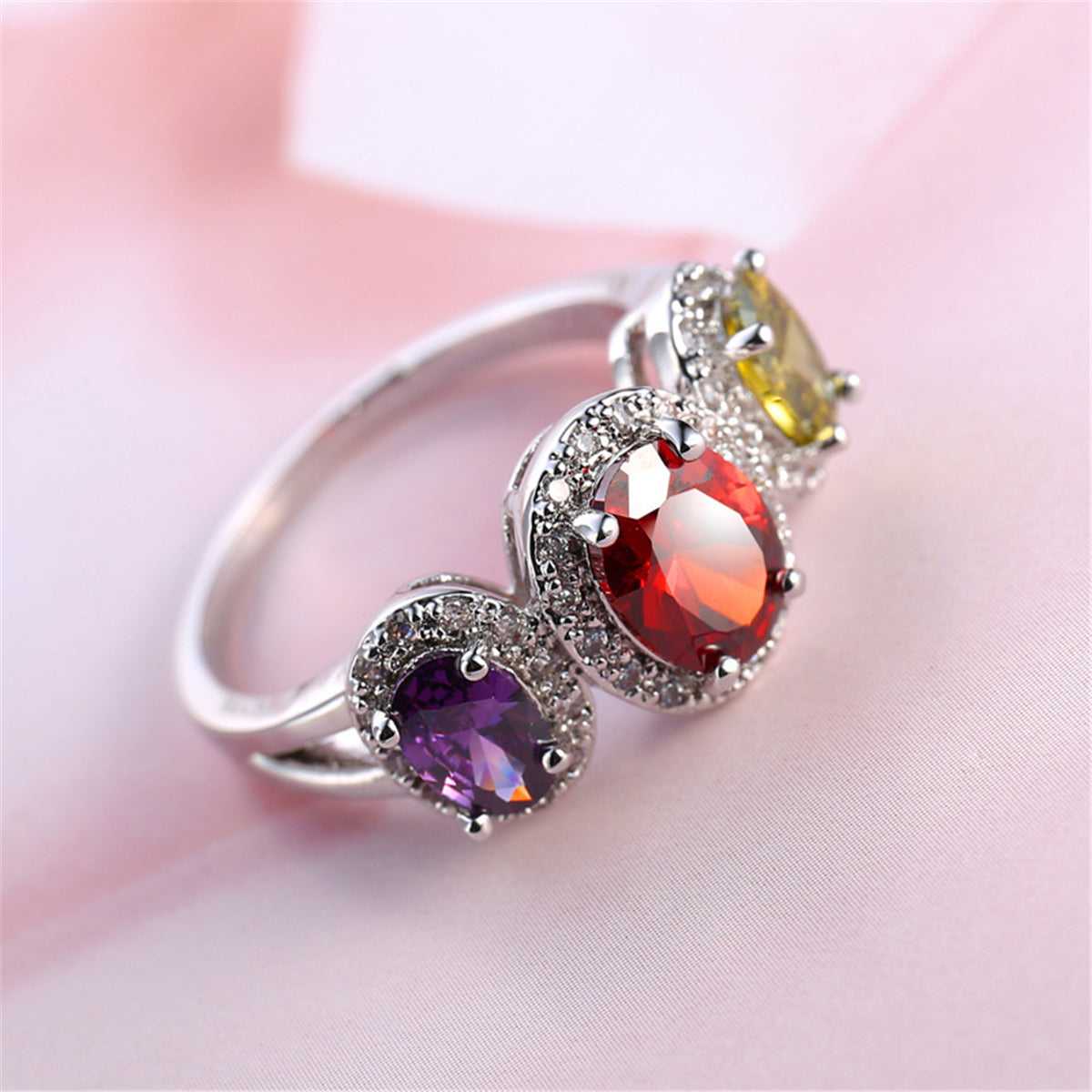 Multicolor Crystal & Cubic Zirconia Silvertone Oval Band Ring - Image 6