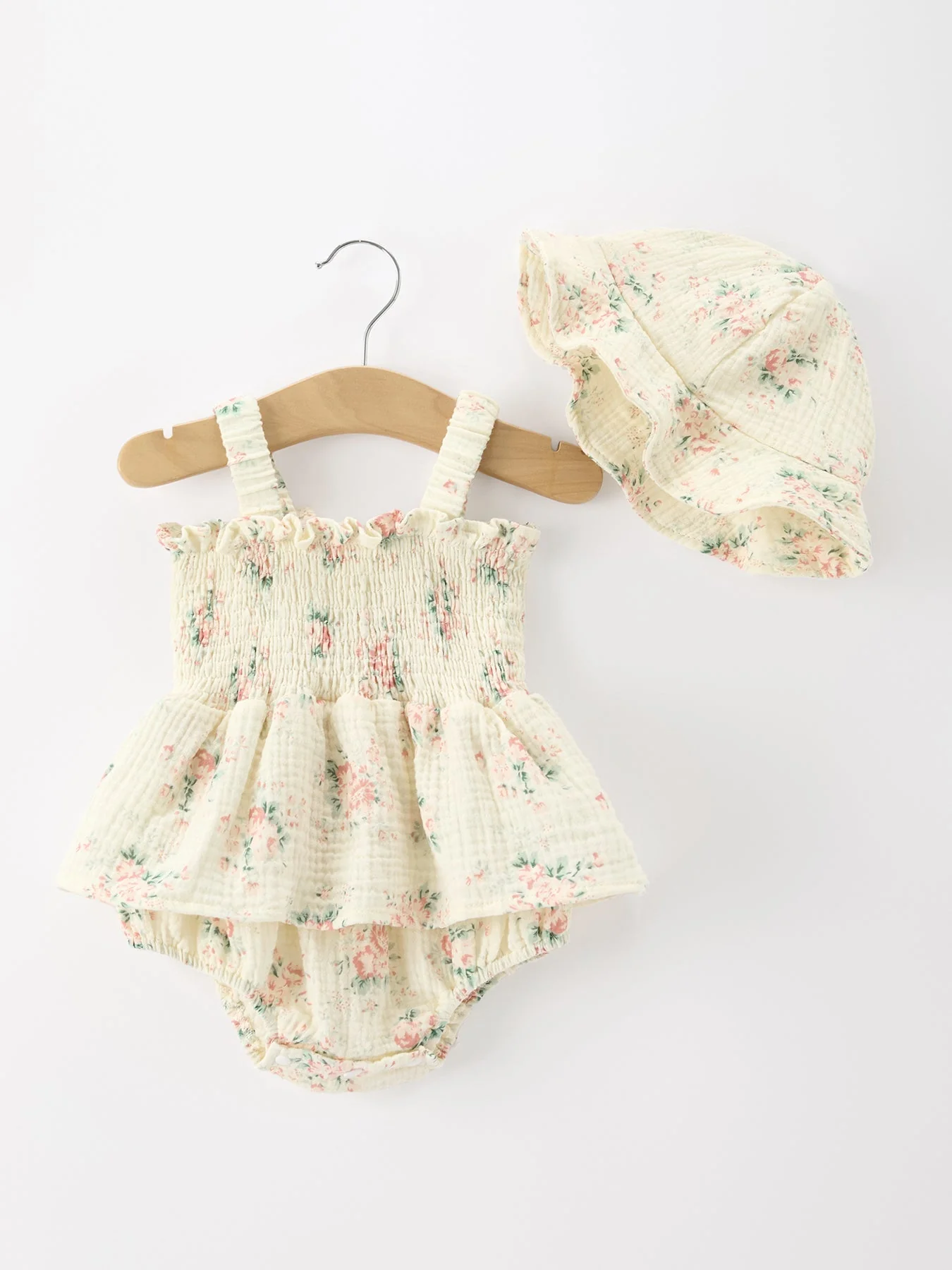 Muslin Summer Floral Print Smocked Baby Girl Romper Set Hat