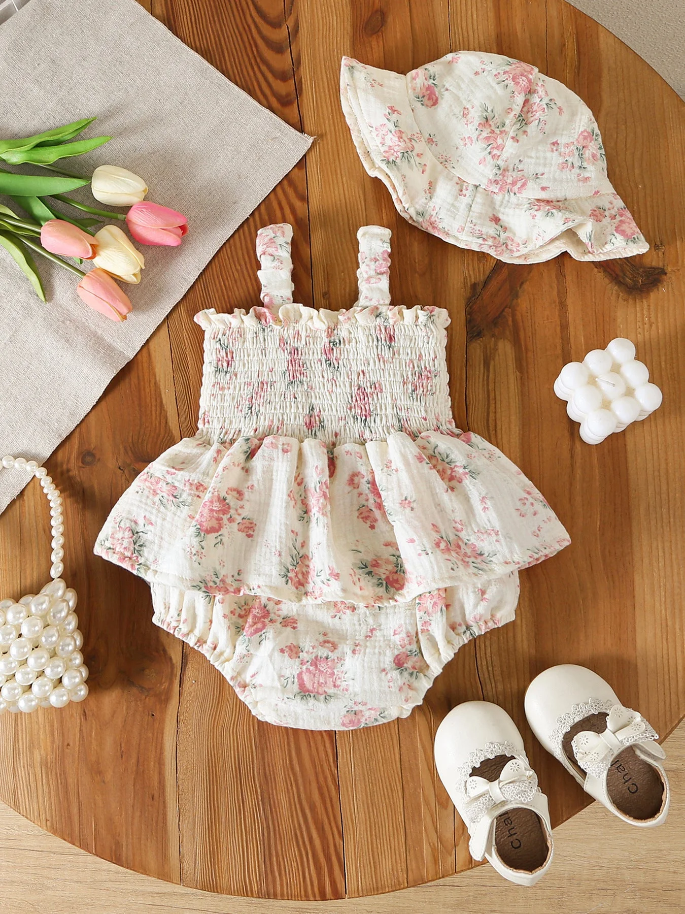 Muslin Summer Floral Print Smocked Baby Girl Romper Set Hat - Image 6