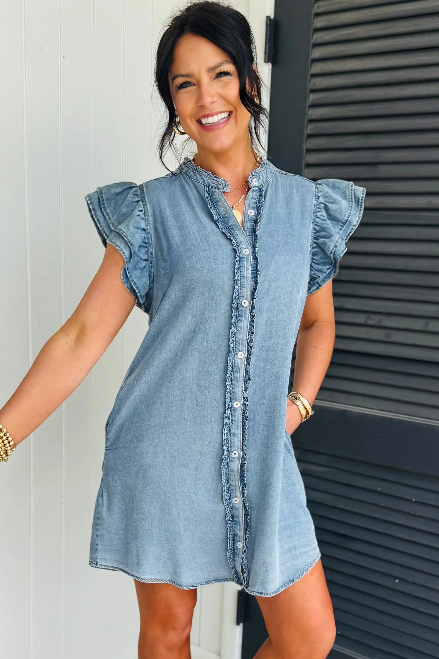 Myosotis Frilled Detail Button Down Ruffle Short Sleeve Denim Mini Dress - Image 4