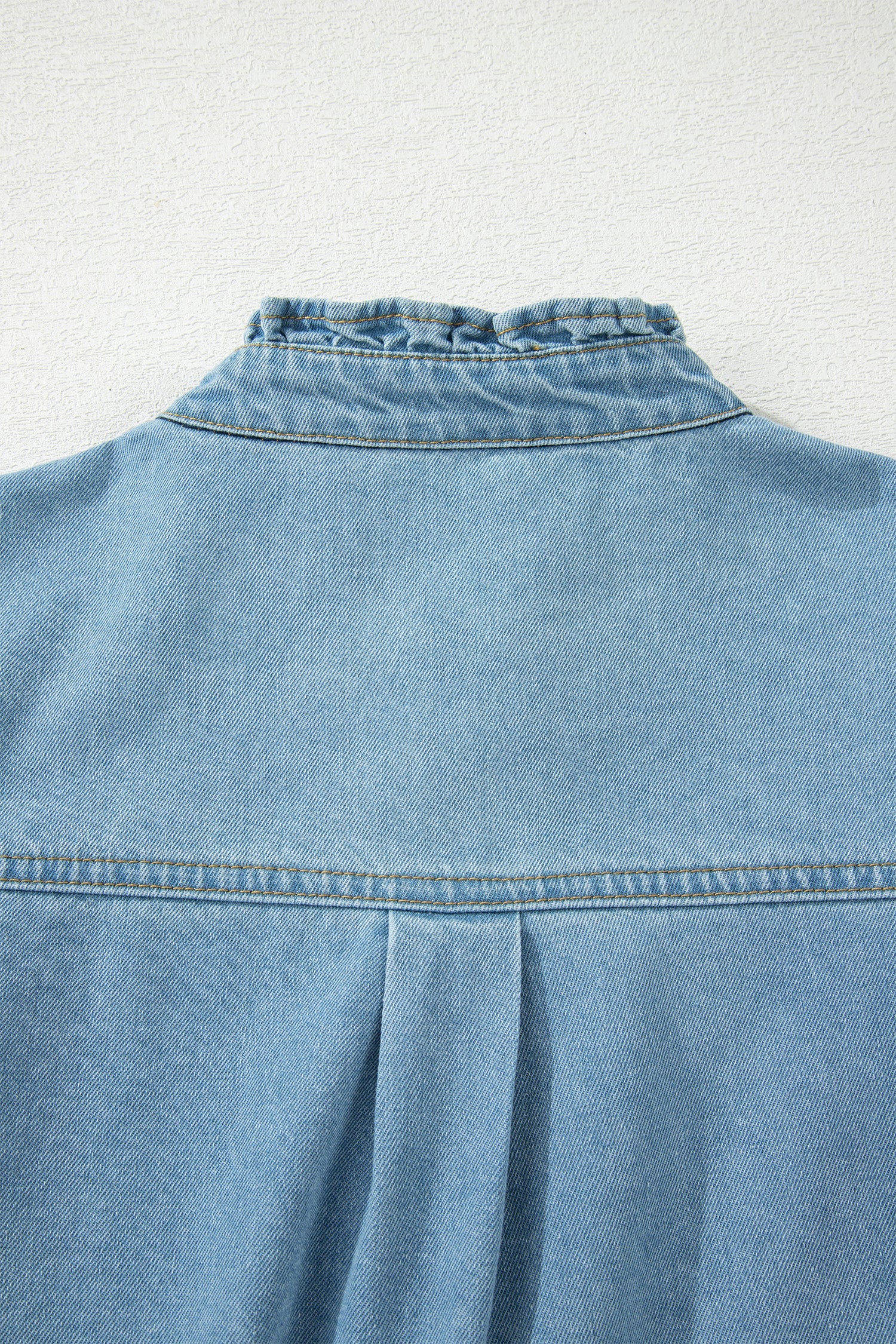 Myosotis Frilled Detail Button Down Ruffle Short Sleeve Denim Mini Dress - Image 8