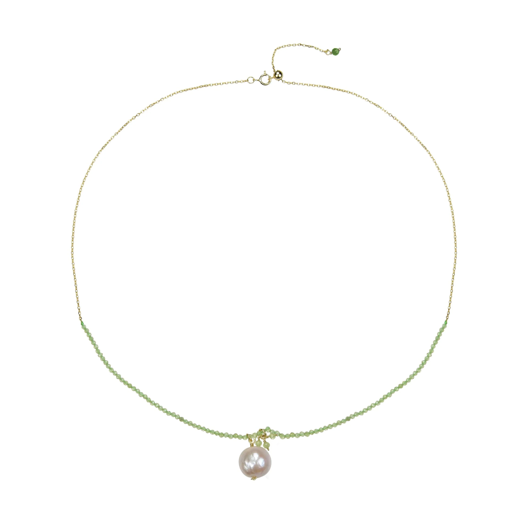 Natural Peridot and Freshwater Pearl 18K plated Sterling Silver Adjustable Pendant Necklace - Image 3