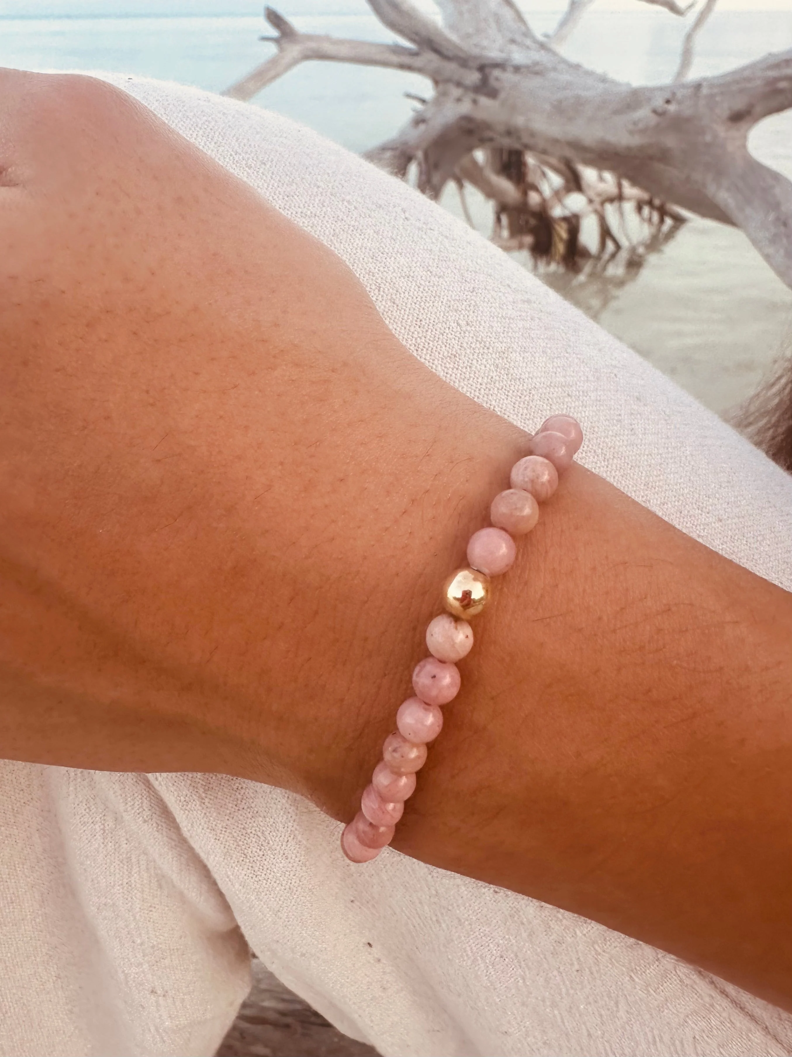Natural Pink Rhodonite + 14k Gold Filled || Stretch Bracelet - Image 2