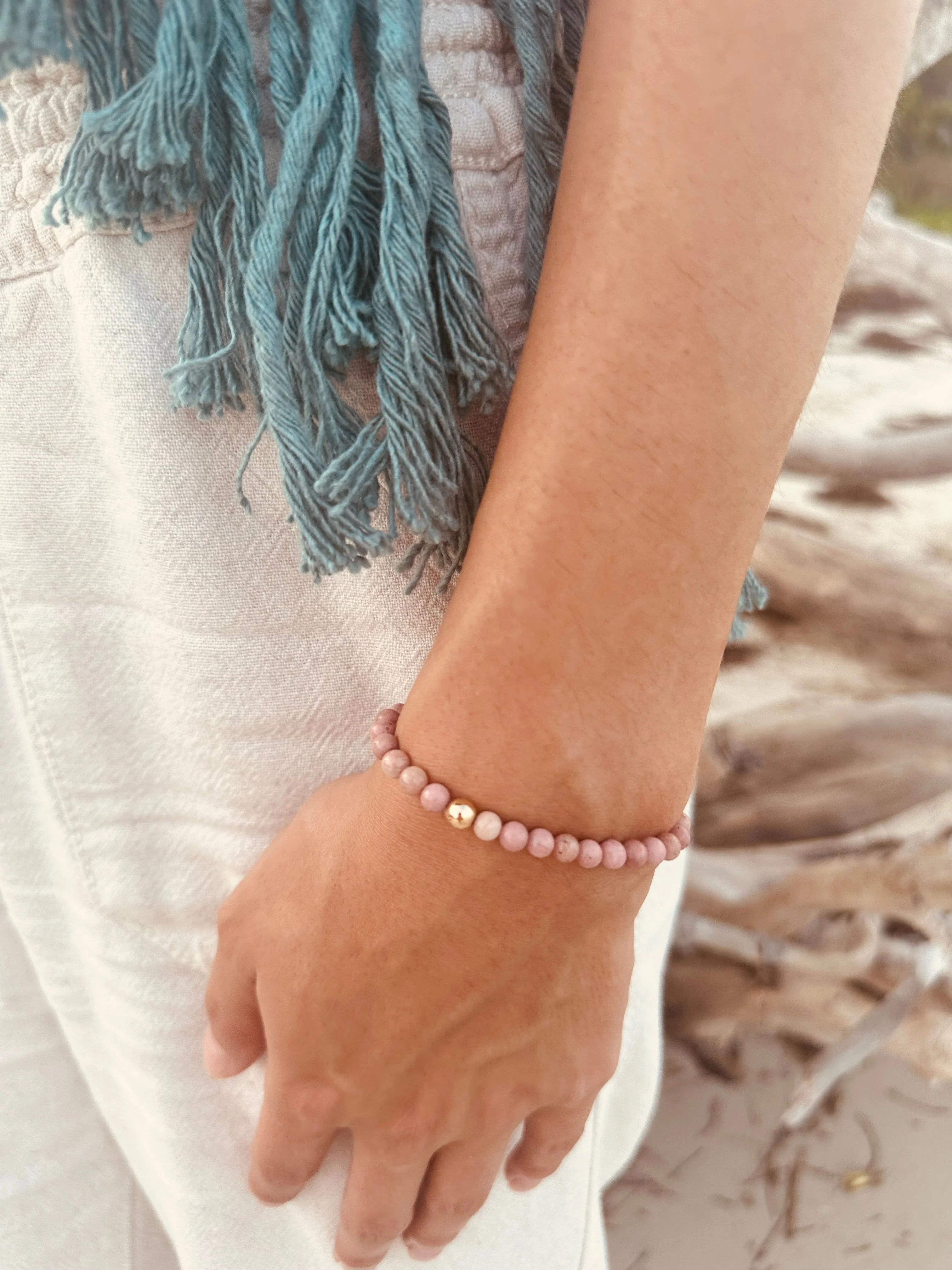 Natural Pink Rhodonite + 14k Gold Filled || Stretch Bracelet - Image 3