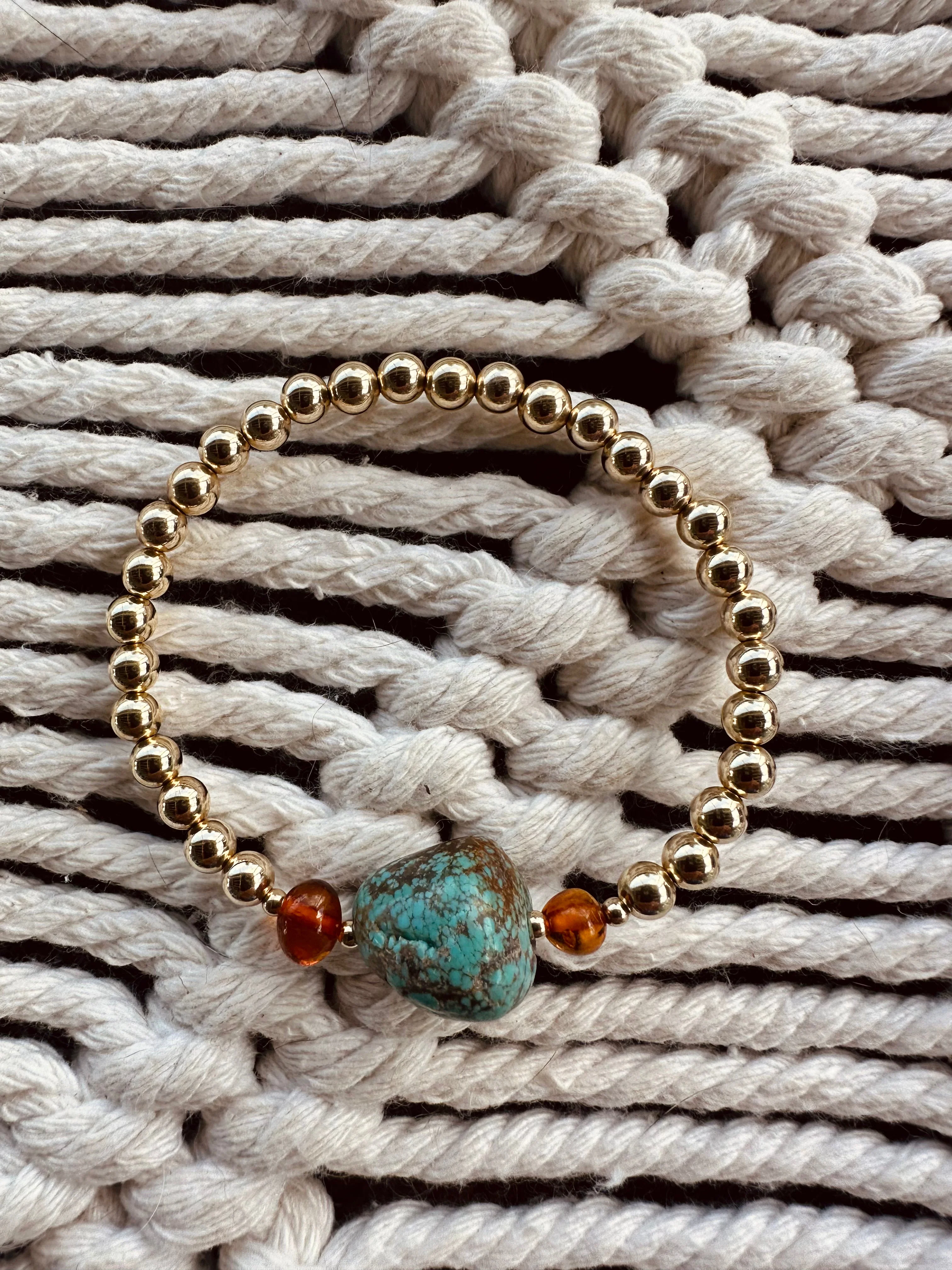 Natural Turquoise + Baltic Amber || 14K Gold Filled || Adult Stretch Bracelet - Image 10