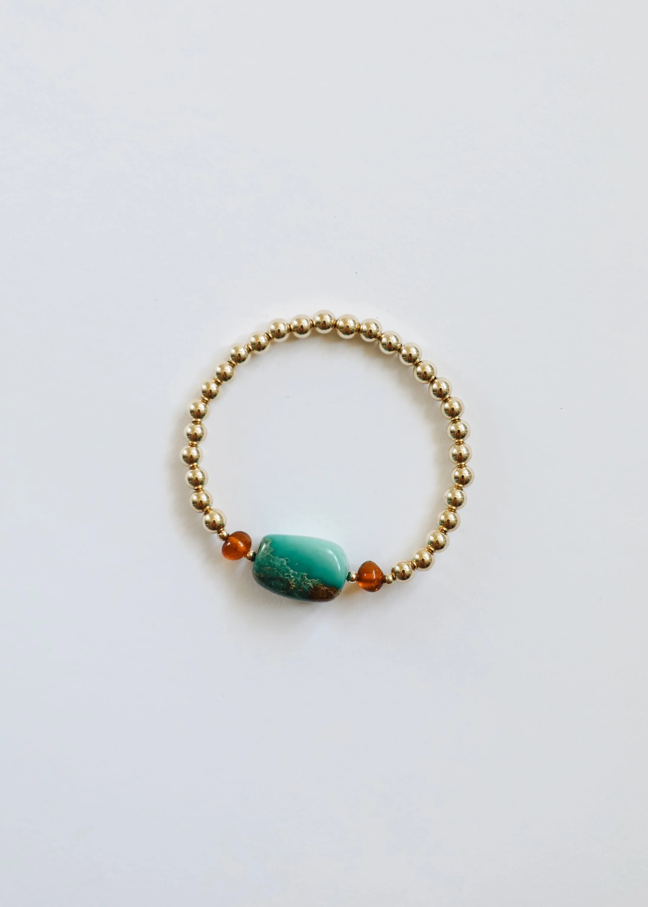 Natural Turquoise + Baltic Amber || 14K Gold Filled || Adult Stretch Bracelet - Image 2
