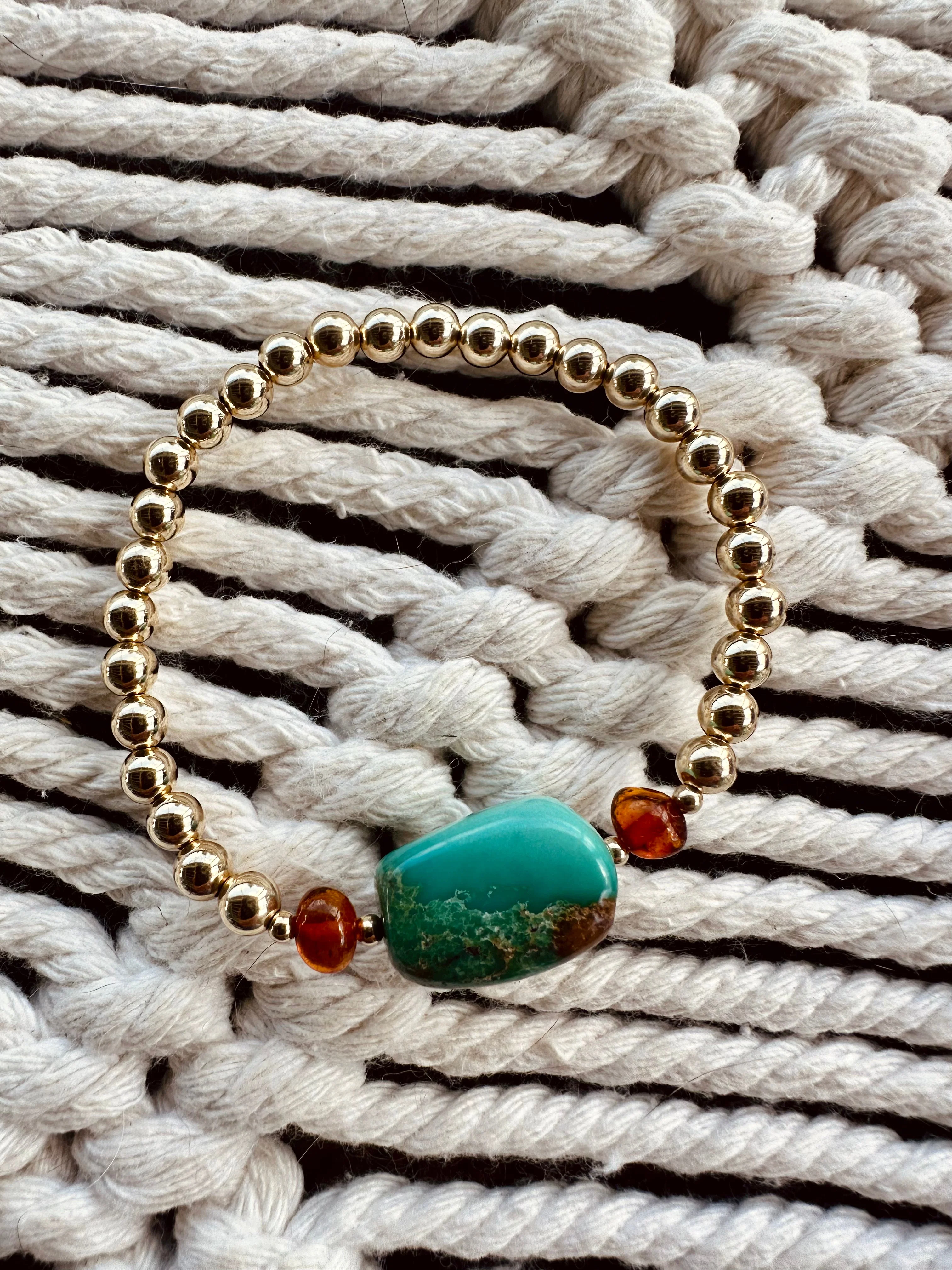 Natural Turquoise + Baltic Amber || 14K Gold Filled || Adult Stretch Bracelet - Image 6