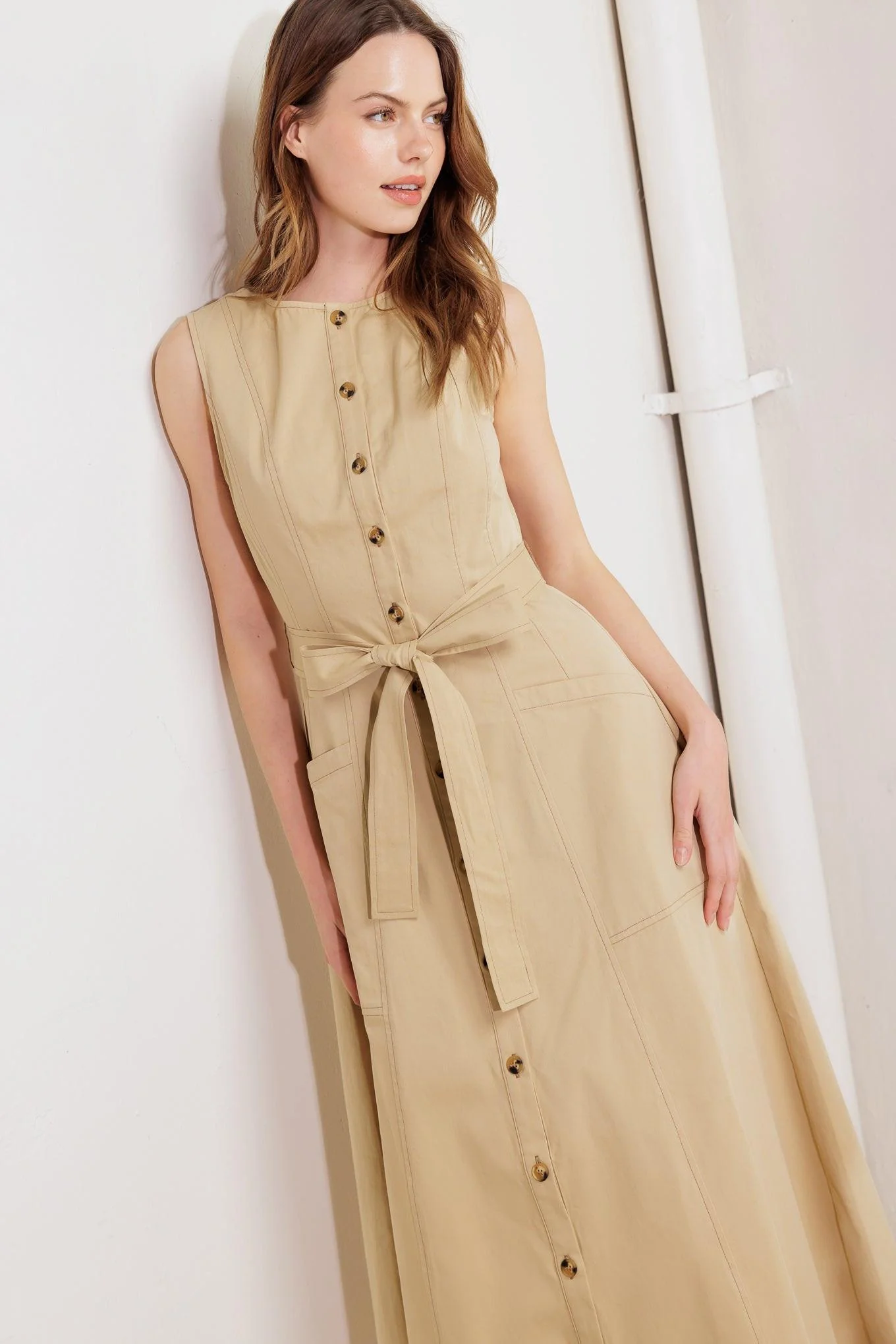 Nature’s Gentle Song Beige Woven Midi Dress - Image 2
