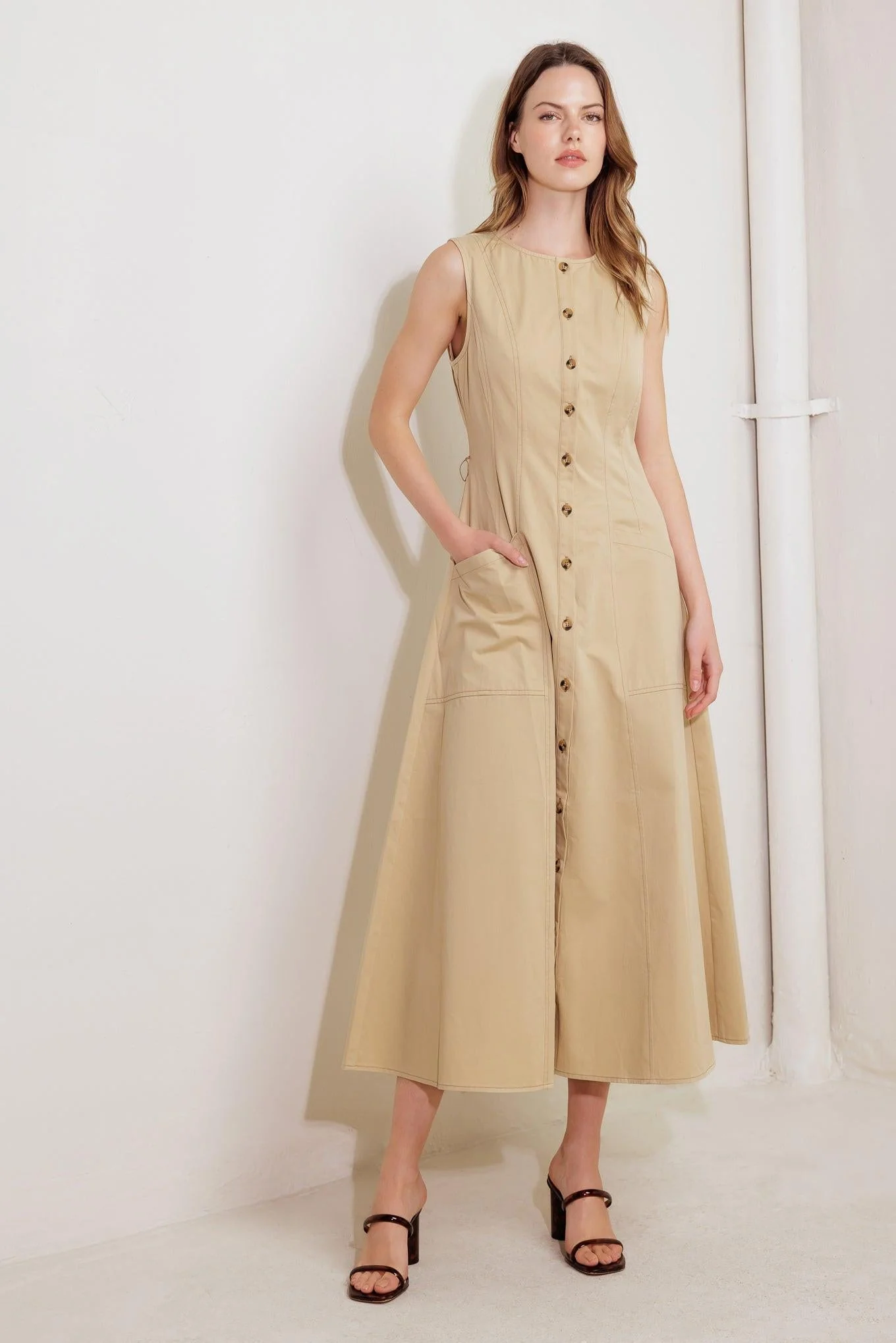 Nature’s Gentle Song Beige Woven Midi Dress - Image 4