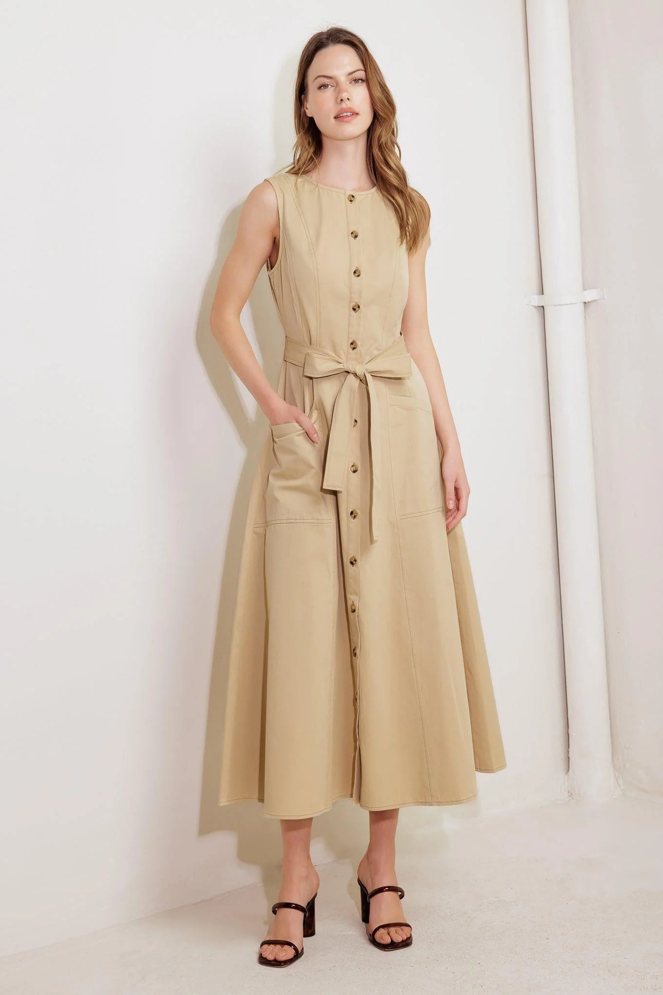 Nature’s Gentle Song Beige Woven Midi Dress - Image 7