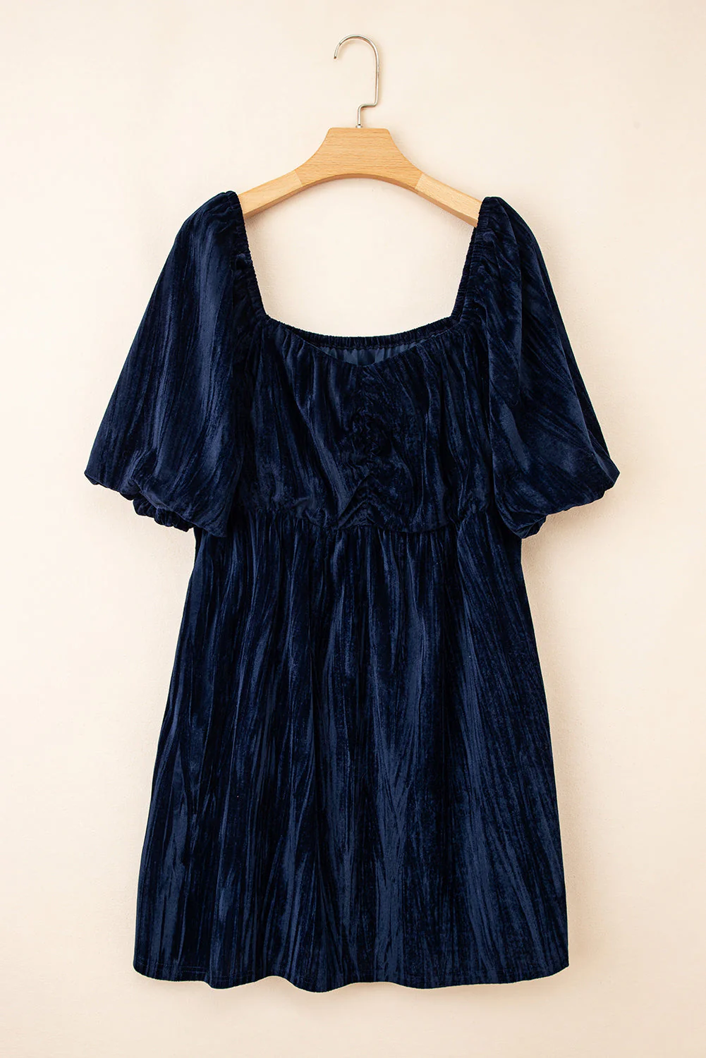 Navy Blue Velvet Ruched Bust Square Neck Short Puff Sleeve Plus Dress - Image 8
