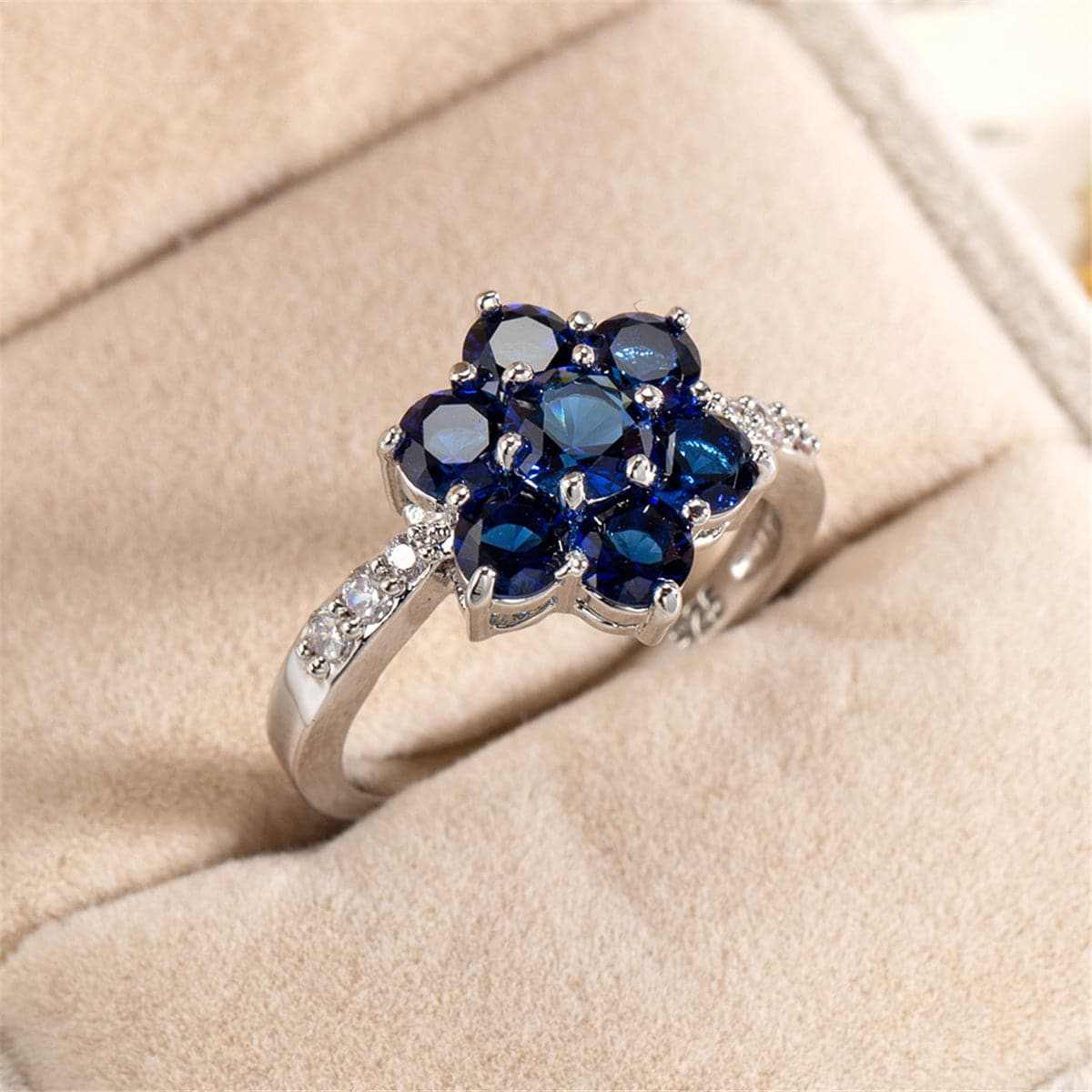 Navy Crystal & Cubic Zirconia Flower Ring - Image 2