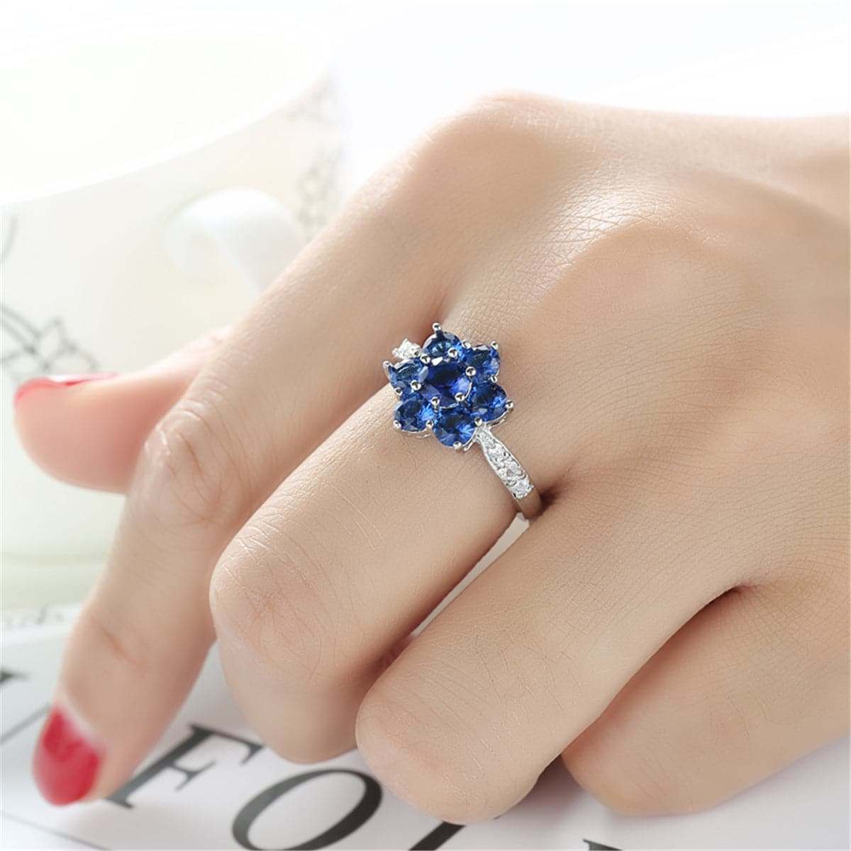 Navy Crystal & Cubic Zirconia Flower Ring - Image 5