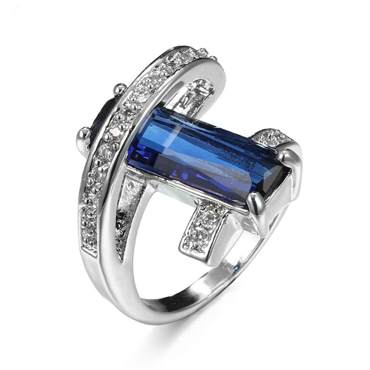 Navy Crystal & Cubic Zirconia Pavé Wrap Baguette-Cut Ring - Image 2