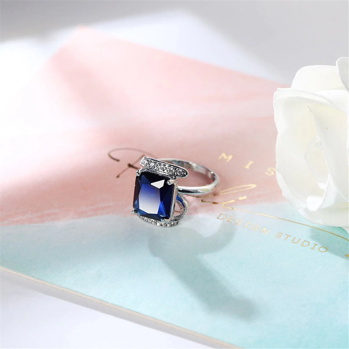 Navy Crystal & Cubic Zirconia Princess-Cut Ring - Image 2