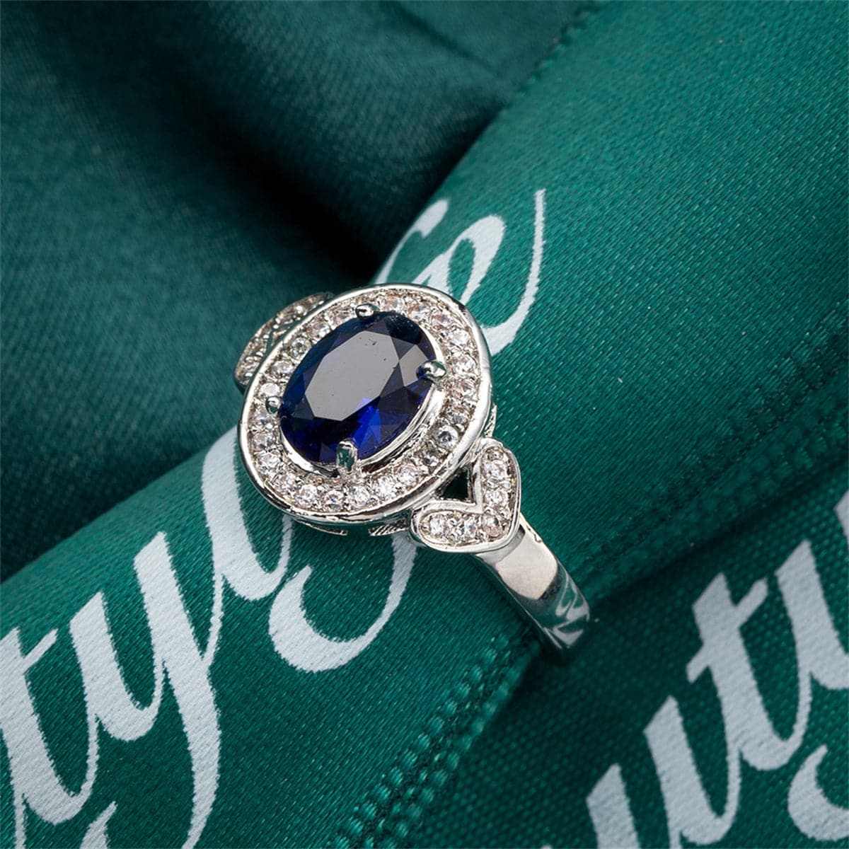 Navy Crystal & Cubic Zirconia Silvertone Heart Hola Ring - Image 3