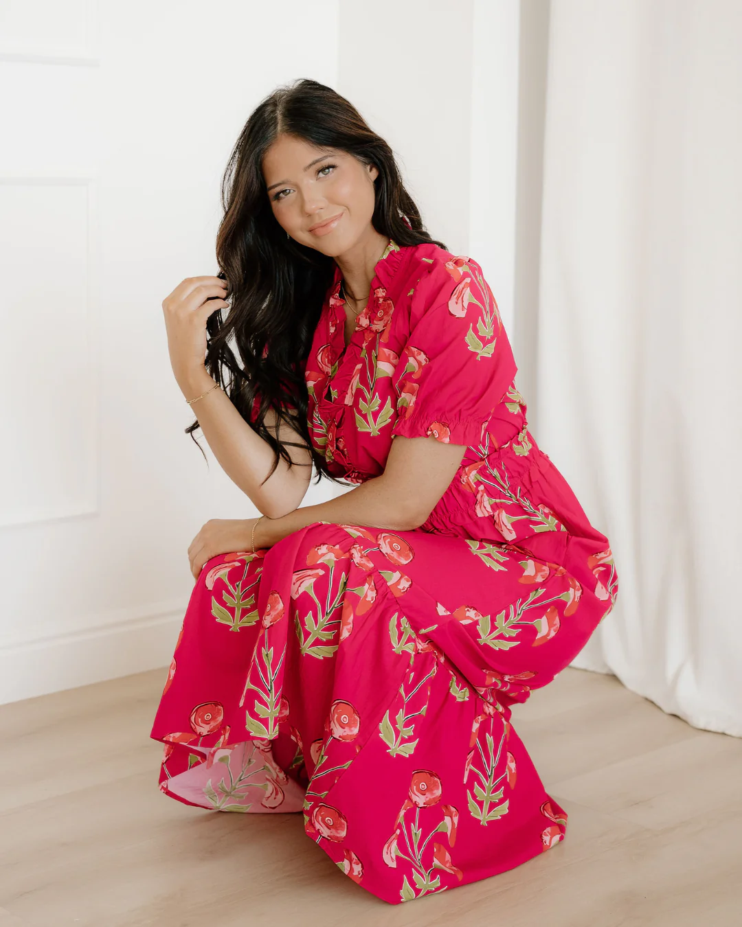 Neve Floral Print Frilled V Neck Short Sleeve Ruffle Maxi Dress - Image 4