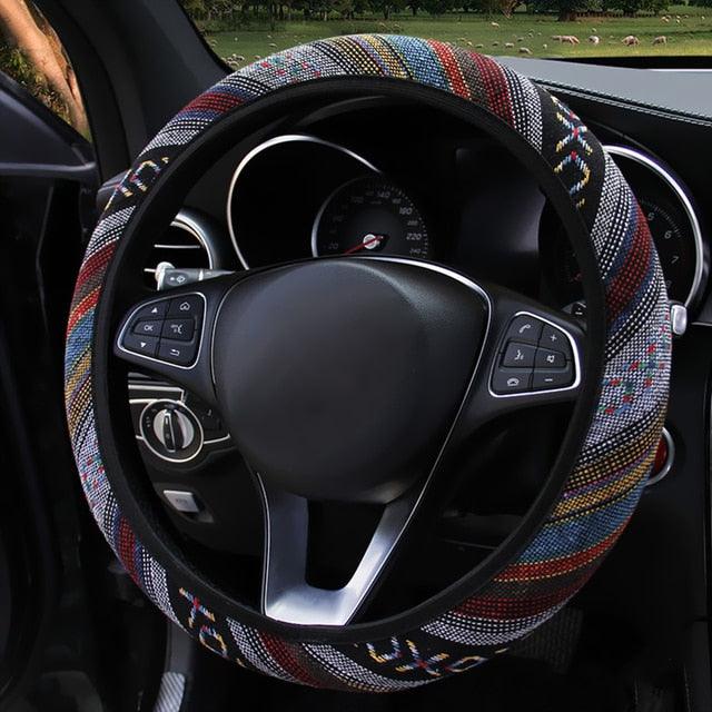 New Baja Blanket Car Steering Wheel Cover Linen Universal Elastic Flax Stripe Cool Interior Car Steering Wheel Cover Ethnic Style Car Accessories Steering Wheel Covers with Cloth for Women Breathable Anti Skid Better Grips Steering Wheel Cover Women - Image 3