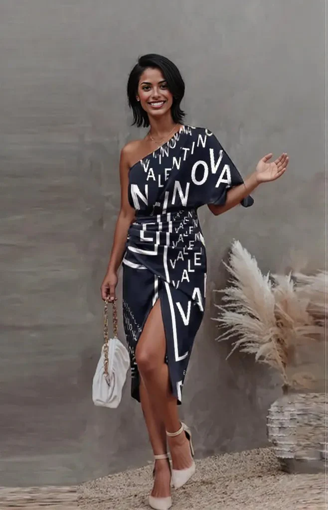 New beautiful golden Summer  off shoulder Floral Print Slit Dress - Image 4