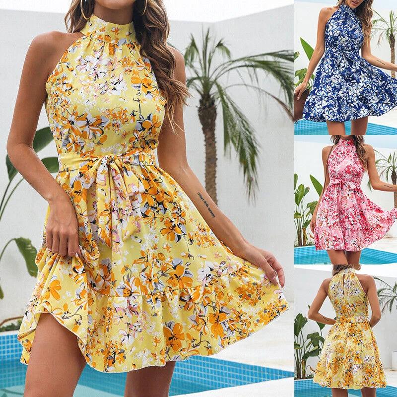 New Flowers Print Halterneck Dress Summer Fashion Temperament Lace-up Ruffled Dresses For Women - Image 2