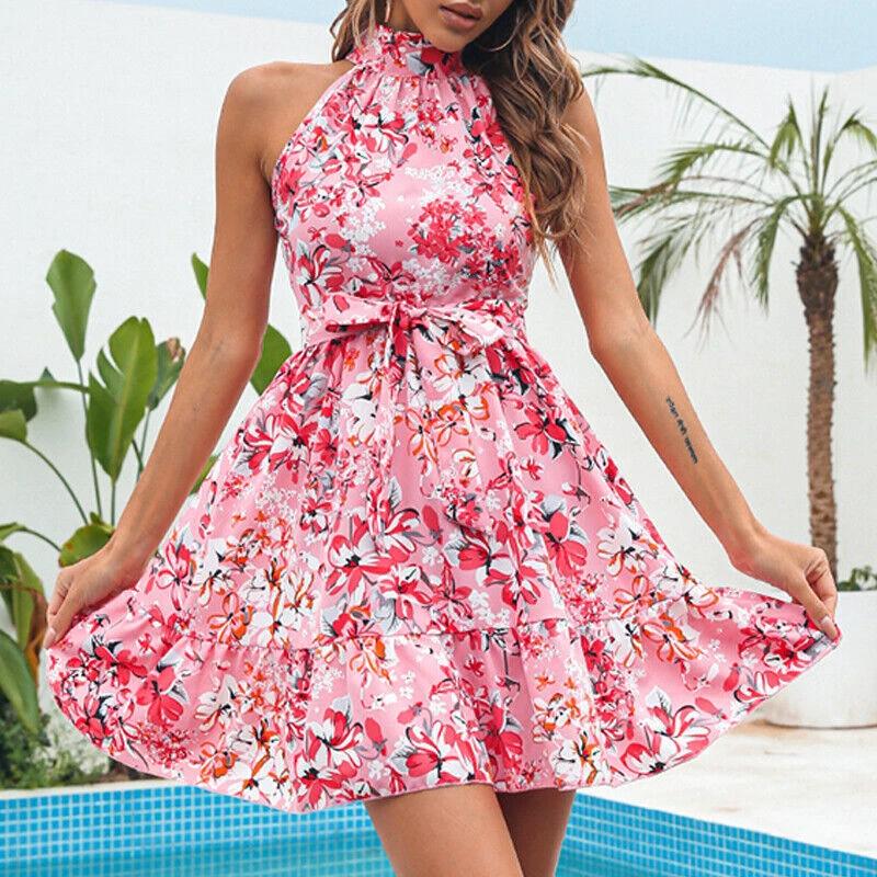 New Flowers Print Halterneck Dress Summer Fashion Temperament Lace-up Ruffled Dresses For Women - Image 5