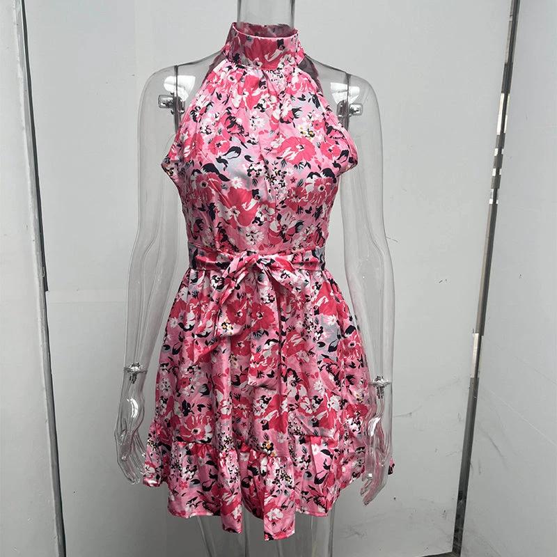 New Flowers Print Halterneck Dress Summer Fashion Temperament Lace-up Ruffled Dresses For Women - Image 6