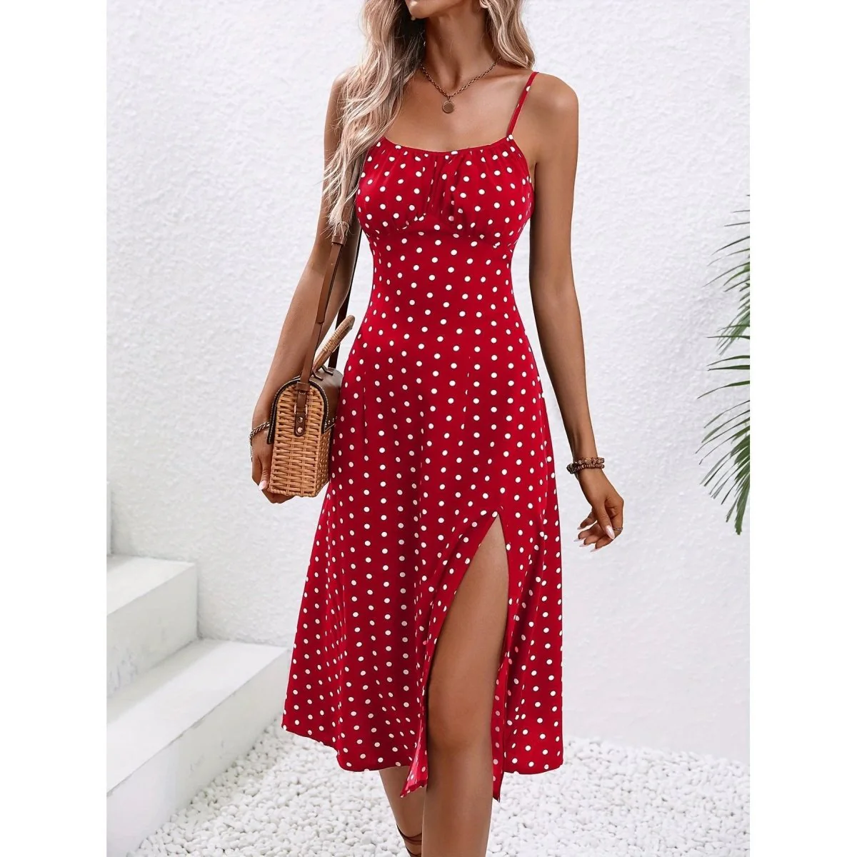 New Polka Dot Print Suspender Dress Summer Sexy Split Long Dresses For Womens Clothing - Image 5