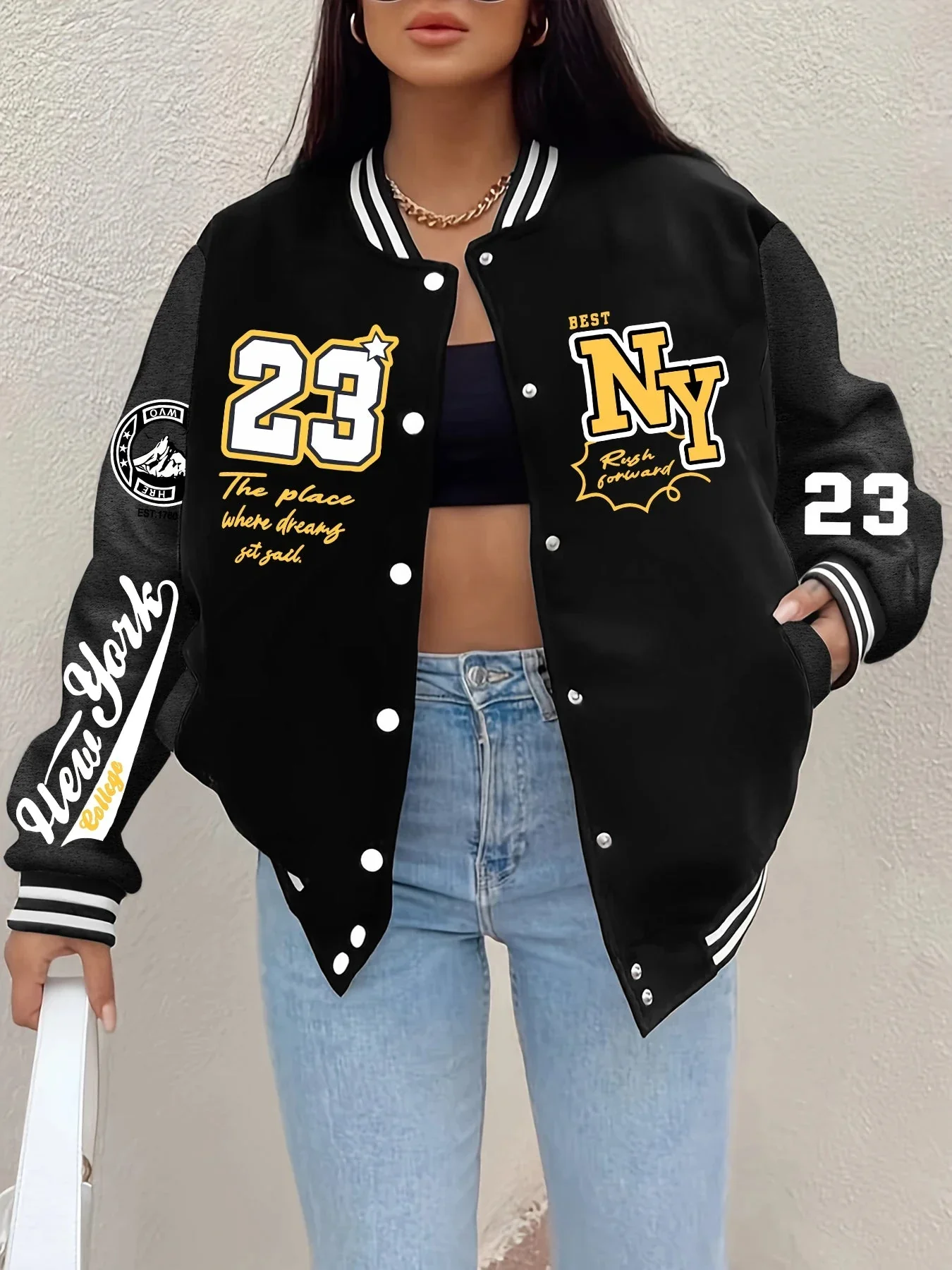New York “23” Letter Printed Baseball Jacket Women - Image 7