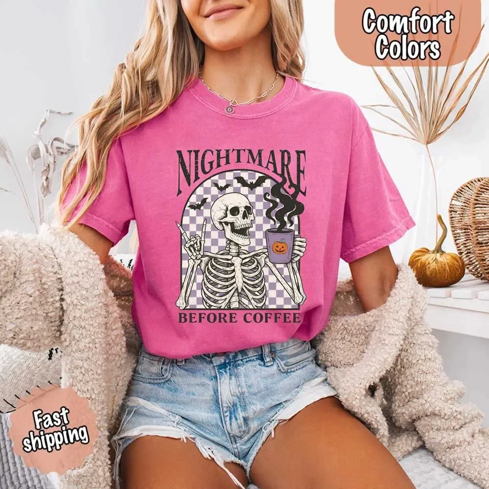 Nightmare Before Coffee Comfort Colors Shirt – Skeleton Funny Halloween Tee - Image 13