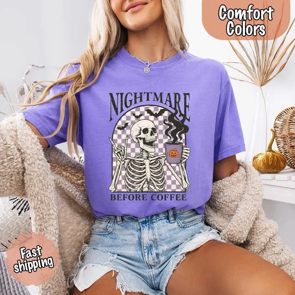 Nightmare Before Coffee Comfort Colors Shirt – Skeleton Funny Halloween Tee - Image 15